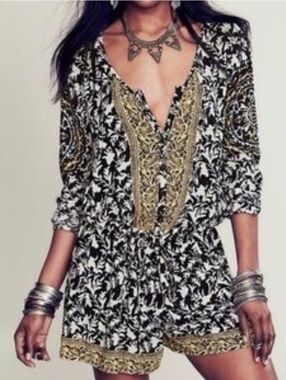 Black & White Printed Romper with Gold Trim